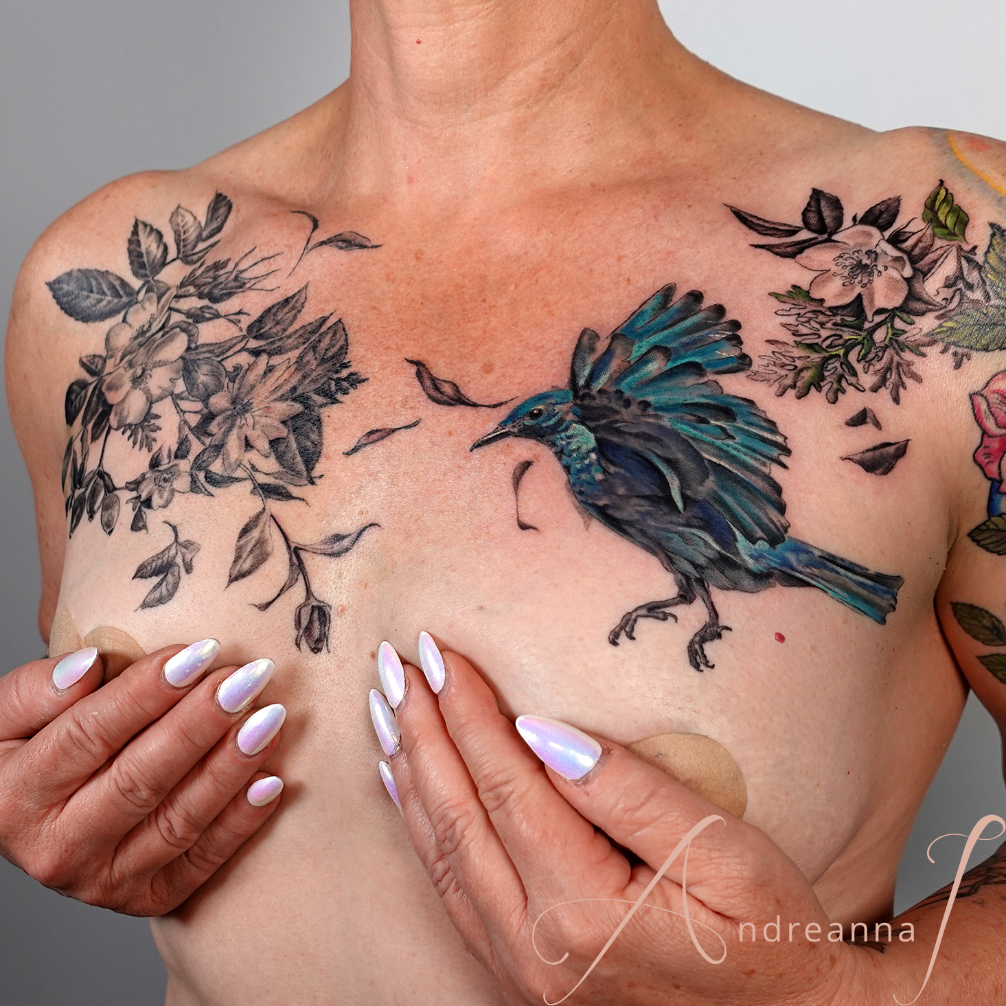 Bluebird and floral chest tattoo Andreanna Los Angeles Raven's Nest Lake PLacid Everwyld