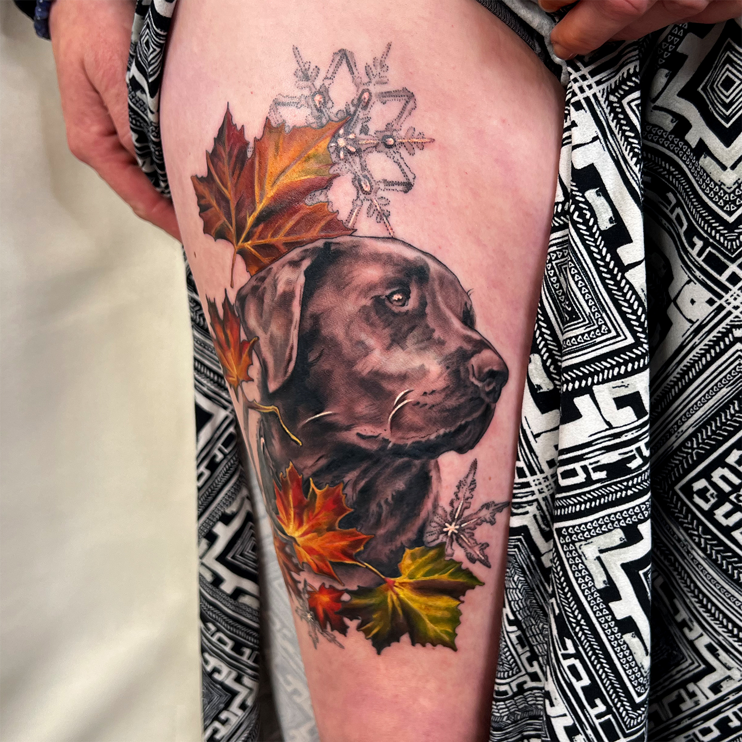 Black Lab Dog Portrait with Autumn Leaves Thigh tattoo Lake Placid NY